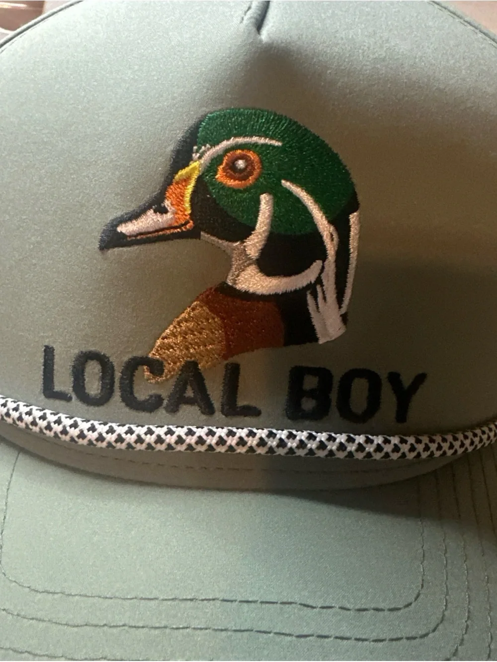 Local Boy Outfitters Mallard Duck Rope Hat loden green front rope trim NWOT